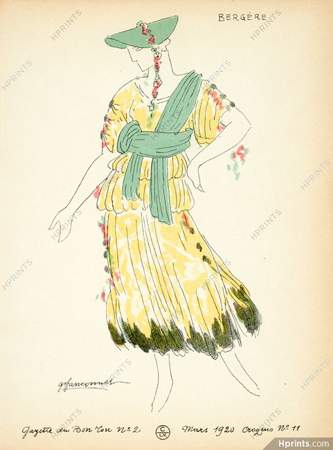 Bergère, 1920 - Fauconnet, Shepherdess, Theatre Costume. La Gazette du Bon Ton, n°2 — Croquis n°11
