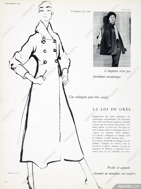 Grès 1956 Redingote, Labbey, René Bouché Fashion Illustration