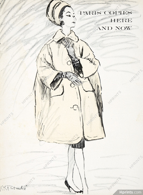 Christian Dior 1959 Bravura Coat, René Bouché, Fashion Illustration