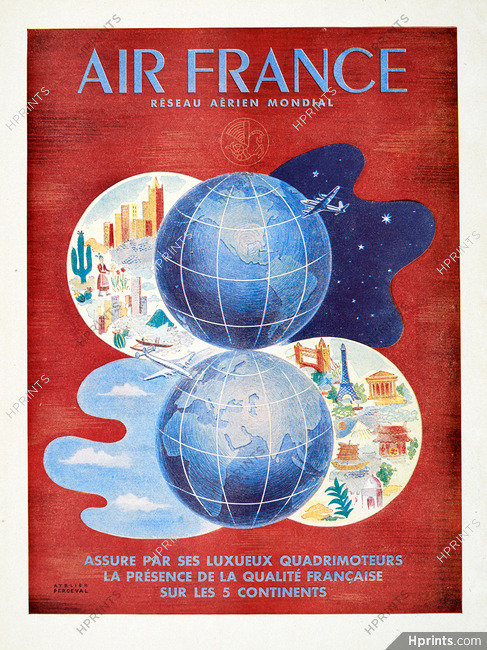 Air France 1949 Réseau Aérien Mondial, Atelier Perceval, poster art