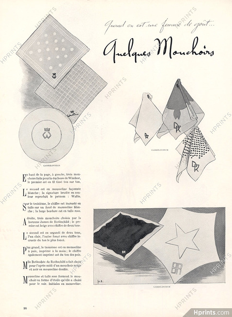 Gabrilovitch 1937 Handkerchiefs for Windsor (Wallis), Rotschild...