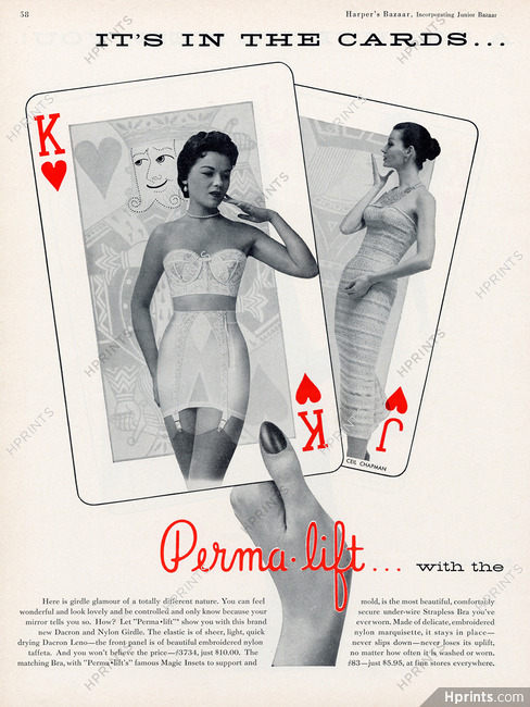 Perma-Lift (Lingerie) 1956 Brassiere, Playing Cards, Ceil Chapman Dress