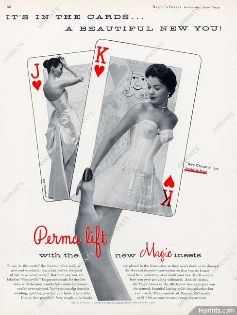 Perma-Lift (Lingerie) 1956 Brassiere, Playing Cards, Ceil Chapman dress