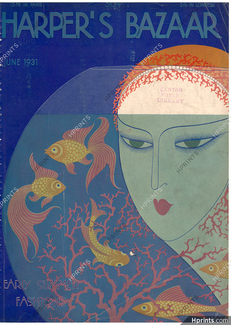 Harper's Bazaar June 1931 Erté Cover, Aquarium, Goldfish, Red fishes, Art Deco