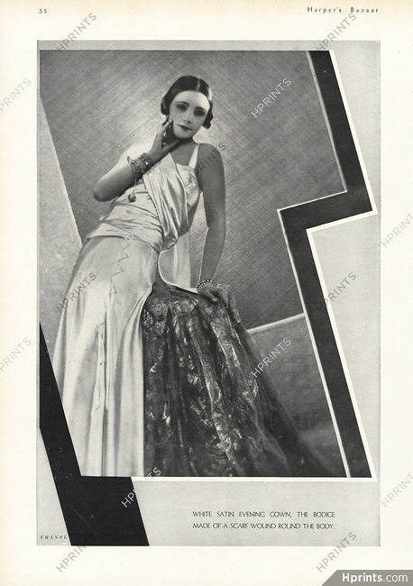 Chanel 1931 White satin evening gown, Photo Demeyer — Clipping