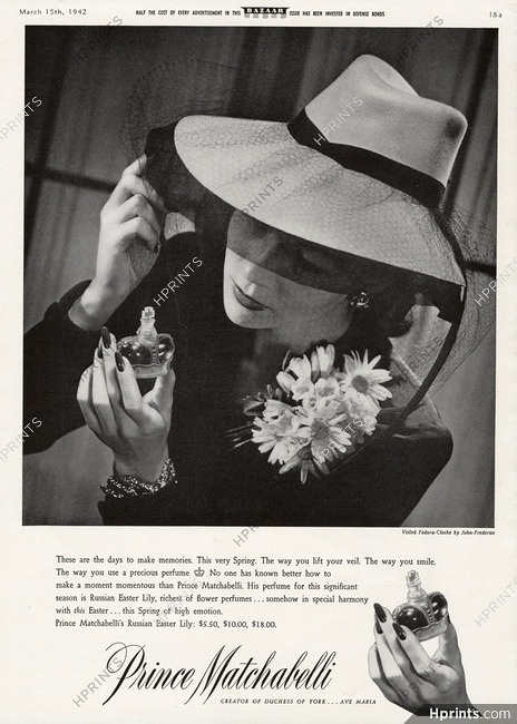 Prince Matchabelli (Perfumes) 1942 Hat by John Frederics