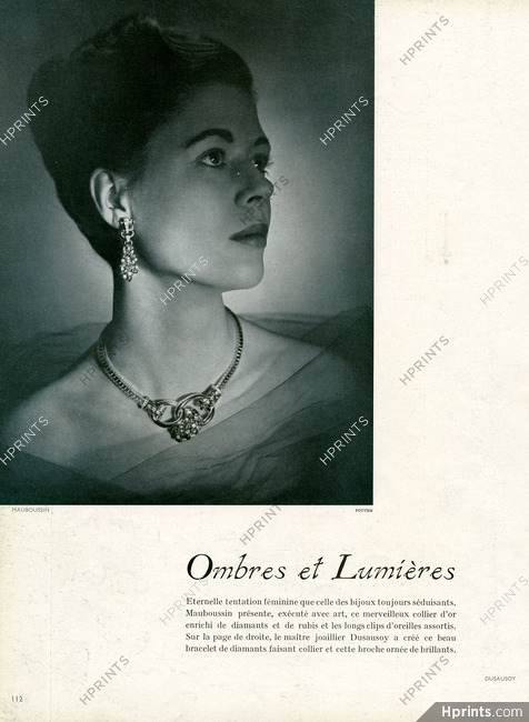 Mauboussin (High Jewelry) 1947 Gold and diamonds necklace, Ear clips, Photo Pottier