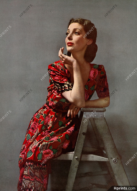 Loretta Young 1942 Roses on Challis Dress, Cohama, Photo Hoyningen-Huene