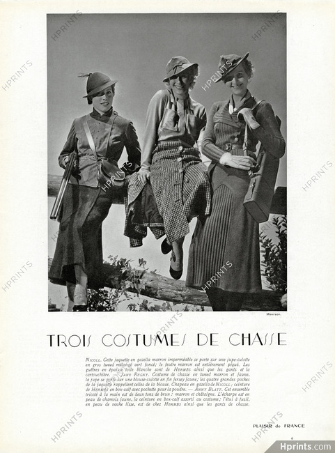 Hermès (Hunting Equipment) 1935 Trois Costumes de Chasse, Nicoll, Jane Regny, Anny Blatt, Photo Meerson