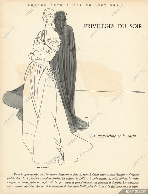 Marcel Rochas, Grès 1948 Mousseline et Satin, Evening Dresses, René Gruau