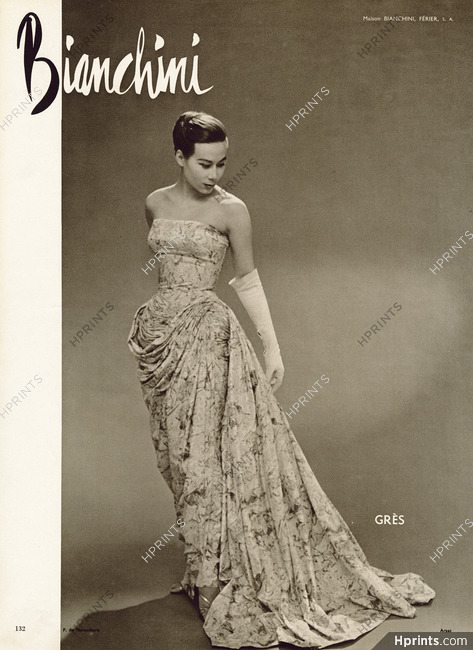Grès 1956 Robe du soir imprimée, Bianchini Férier, Photo Guy Arsac