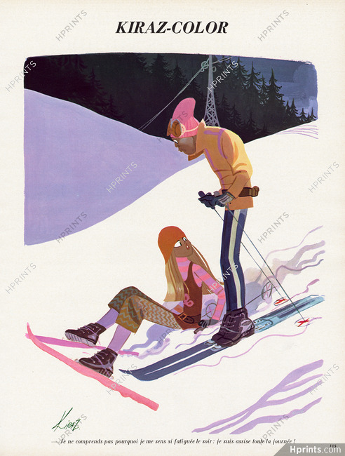Edmond Kiraz 1971 "Je suis assise toute la journée !", Ski, Winter Sports, Kiraz-Color