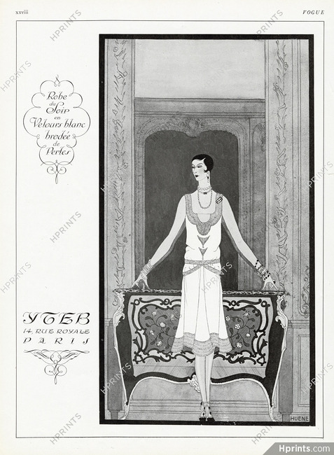 Yteb (Couture) 1925 White Velvet evening dress embroidered with Pearls, Huene