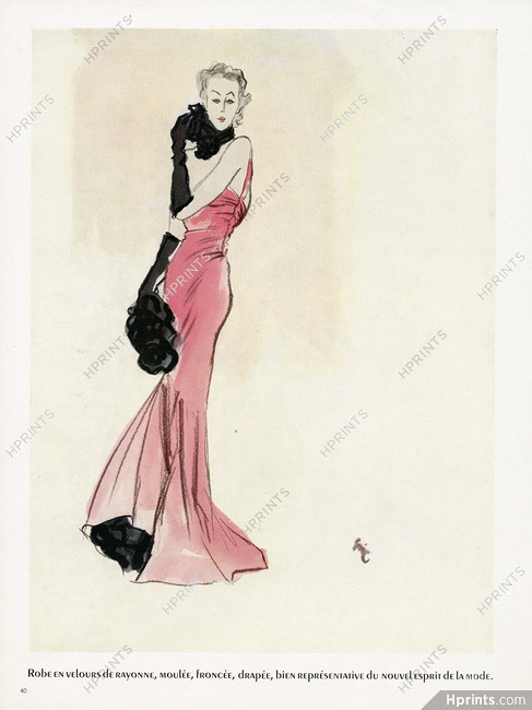 Eric 1936 Robe en velours de rayonne, Fashion Illustration