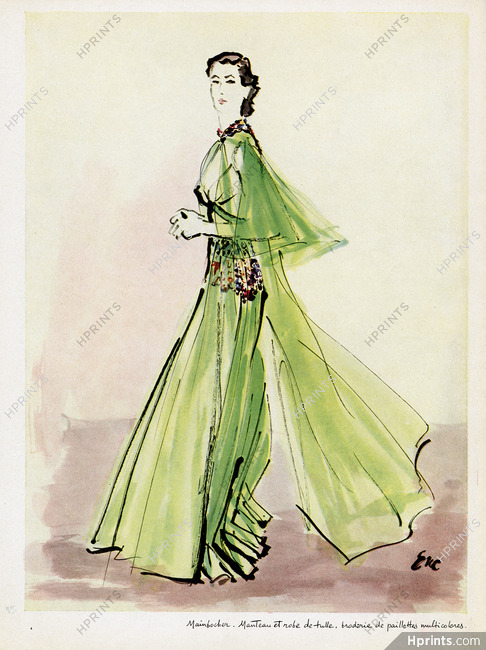 Mainbocher 1938 Evening Dress & Coat tulle, Broderie de paillettes multicolores, Eric