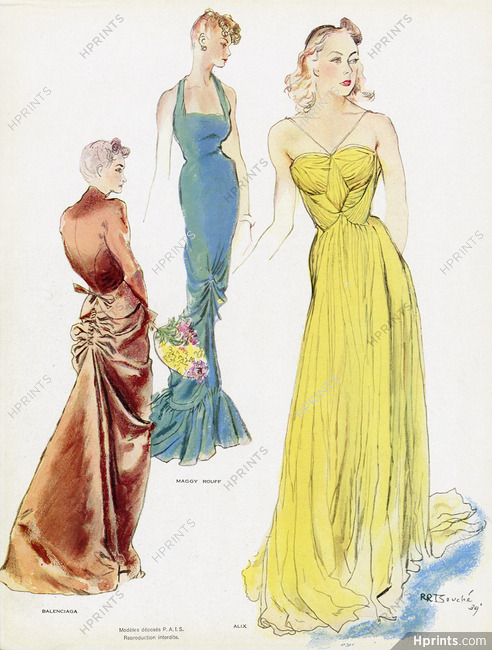 René Bouché 1939 Alix, Maggy Rouff, Balenciaga, Evening Gown