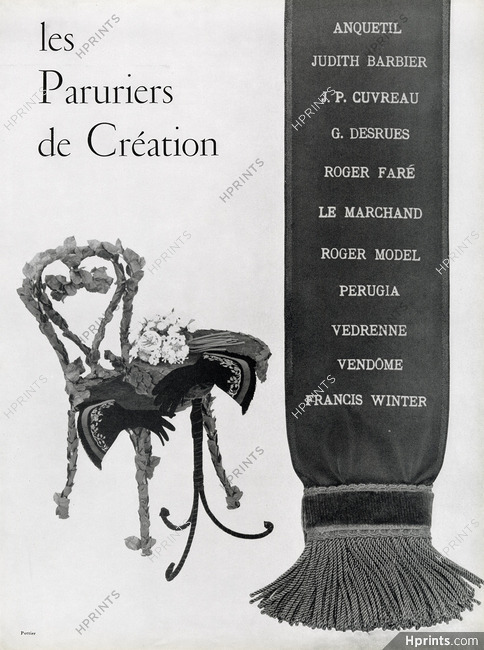Les Paruriers de Création 1957 Anquetil, Judith Barbier, Roger Faré, Roger Model, Perugia, Védrenne, Vendôme, Francis Winter