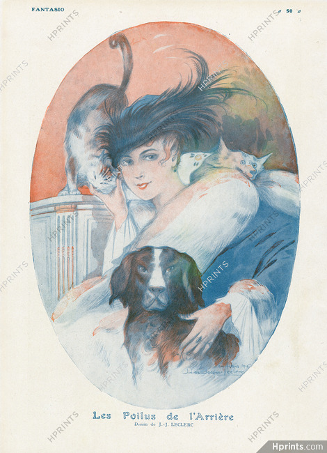 Les Poilus de l'Arrière, 1916 - Julien-Jacques Leclerc Elegant Parisienne with Pets, Cat, Dog, Fox Fur