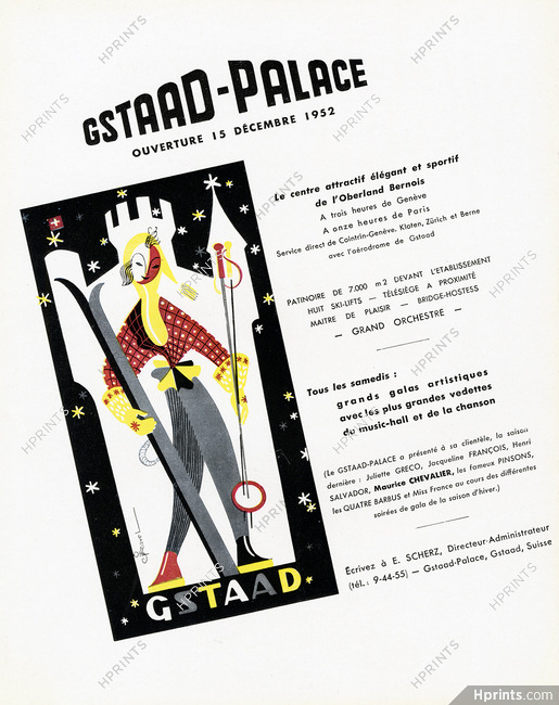 Gstaad-Palace 1952 J. Ravel, skiing