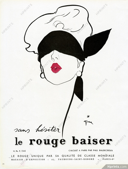 Rouge Baiser (Cosmetics) 1950 Lipstick, Scarf, René Gruau