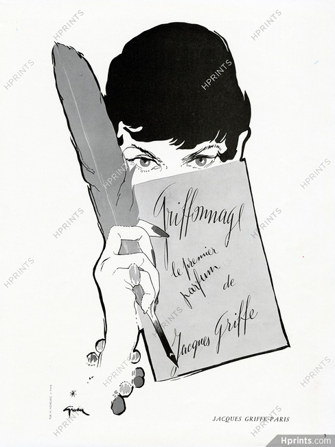 Jacques Griffe (Perfumes) 1950 Griffonnage, René Gruau (black and white)