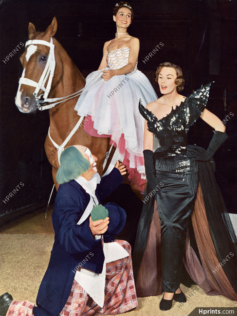 Christian Dior & Carven (horsewoman) 1950 "La Mode sur la piste du cirque" Médrano Circus, Clown Boulicot, Horse, Model Jacky