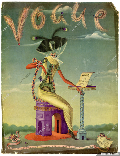 Vogue Cover Mai-Juin 1947 Giulio Coltellacci, Hermès, Annie Beaumel, Surrealism, Eiffel Tower