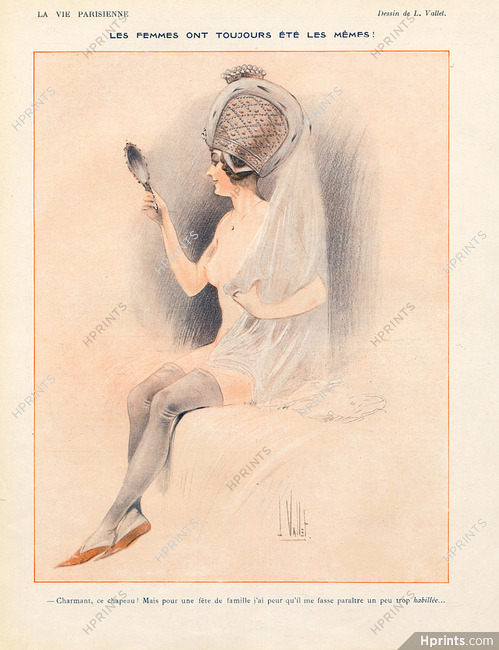 Louis Vallet 1916 Sexy Girl Topless, Medieval Hat, Stockings