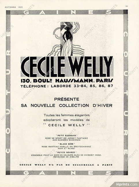 Cecile Welly 1929 Couture, Gaines, 130 Bd Haussmann