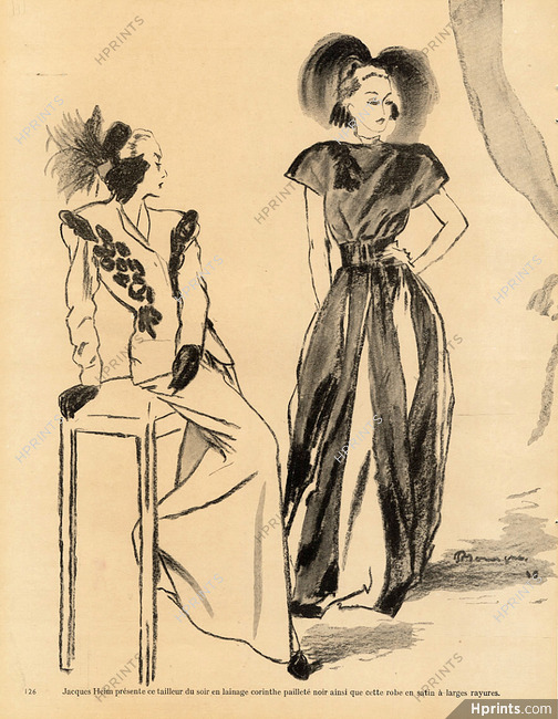 Jacques Heim 1946 Tailleur noir, robe satin à larges rayures, Pierre Mourgue