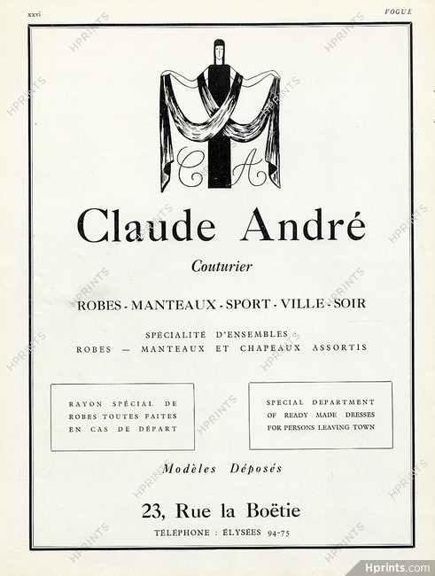 Claude André 1925 Couturier, 23 rue la Boëtie
