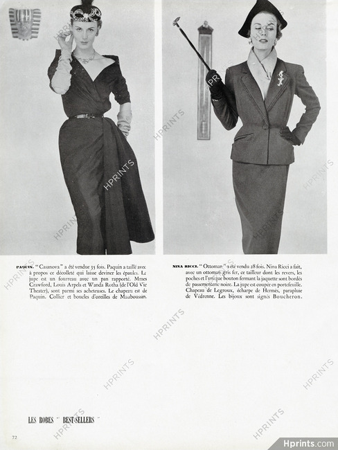 Robes "Best-sellers" 1950 Paquin (Mauboussin), Nina Ricci (Boucheron, écharpe Hermès, Védrenne)