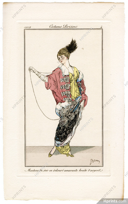 Etienne Drian 1912 Journal des Dames et des Modes Costumes Parisiens N°4 Manteau du soir en velours amarante brodé d'argent