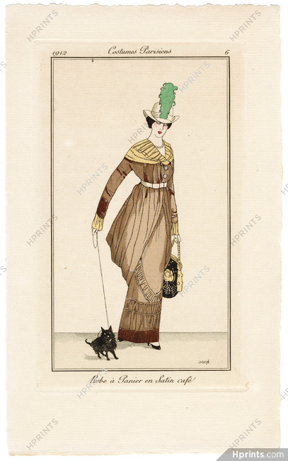 Francisco Javier Gosé 1912 Journal des Dames et des Modes Costumes Parisiens Pochoir N°6 Robe à Panier en Satin café
