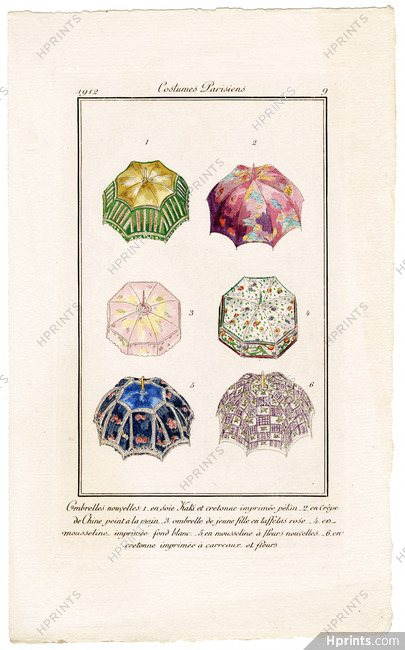 1912 Journal des Dames et des Modes Costumes Parisiens Pochoir N°9 Ombrelles Nouvelles
