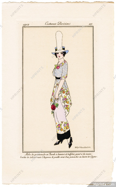 Brunelleschi 1912 Journal des Dames et des Modes Costumes Parisiens N°10 Robe de promenade en Surah à damier