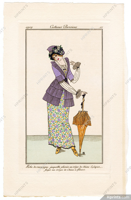 Germaine Lemaire 1912 Journal des Dames et des Modes Costumes Parisiens Pochoir N°11 Robe de campagne