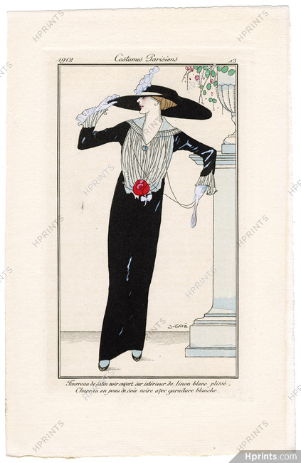 Francisco Javier Gosé 1912 Journal des Dames et des Modes Costumes Parisiens Pochoir N°13 Fourreau de satin noir