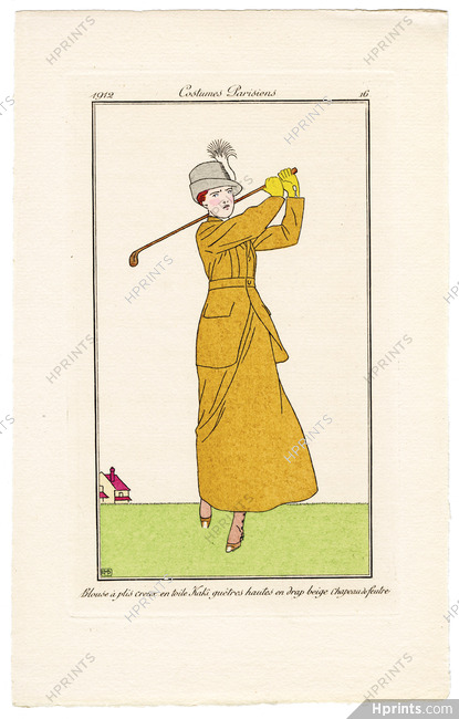 Bernard Boutet de Monvel 1912 Journal des Dames et des Modes Costumes Parisiens Pochoir N°16 Blouse à plis creux, Golf