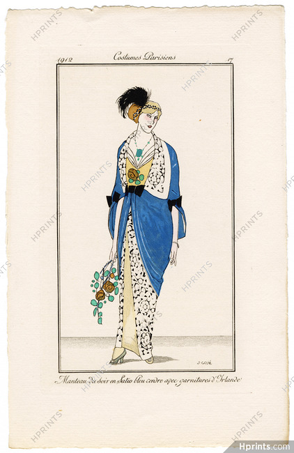 Francisco Javier Gosé 1912 Journal des Dames et des Modes Costumes Parisiens Pochoir N°17 Manteau du soir