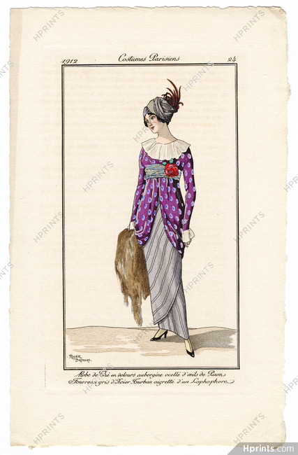 Roger Broders 1912 Journal des Dames et des Modes Costumes Parisiens N°24 Robe de Thé en velours aubergine
