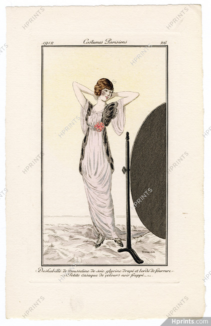 Fernand SIMEON 1912 Journal des Dames et des Modes Costumes Parisiens Pochoir N°26 Déshabillé de Mousseline de soie