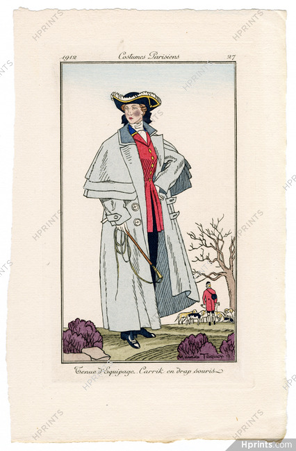 Maurice Taquoy 1912 Journal des Dames et des Modes Costumes Parisiens Pochoir N°27 Tenue d'Equipage