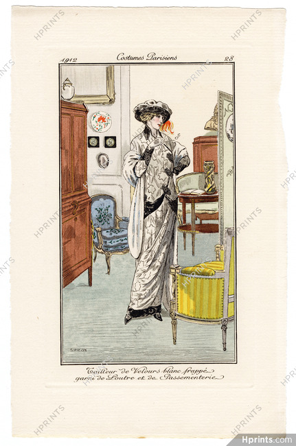 Fernand Simeon 1912 Journal des Dames et des Modes Costumes Parisiens Pochoir N°28 Tailleur de Velours blanc