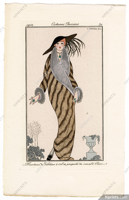 George Barbier 1912 Journal des Dames et des Modes Costumes Parisiens N°30 Manteau de Zibeline à col et poignets de renard blanc