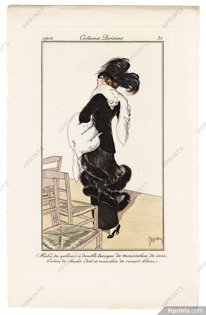 Etienne Drian 1912 Journal des Dames et des Modes Costumes Parisiens N°31 Robe de velours à double tunique