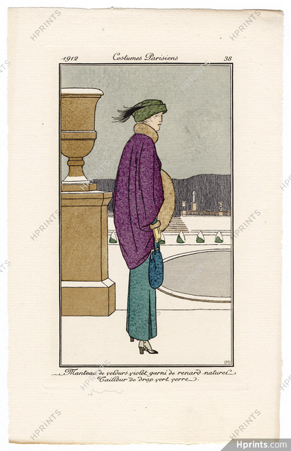 Bernard Boutet de Monvel 1912 Journal des Dames et des Modes Costumes Parisiens Pochoir N°38 Manteau de Velours