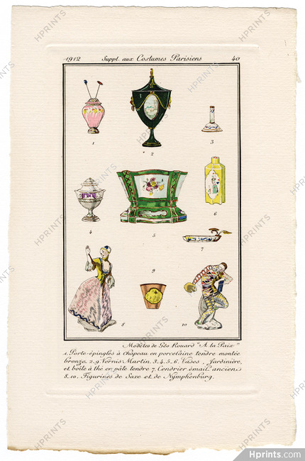 Géo Rouard "A la Paix" 1912 Journal des Dames et des Modes Costumes Parisiens Pochoir N°40 Figurines, Porcelaine