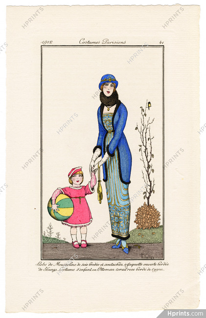 Armand Vallée 1912 Journal des Dames et des Modes Costumes Parisiens Pochoir N°41 Robe de mousseline de soie brodée