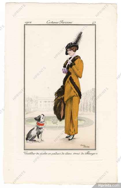 Roger Broders 1912 Journal des Dames et des Modes Costumes Parisiens Pochoir N°43 Tailleur du matin en velours de laine